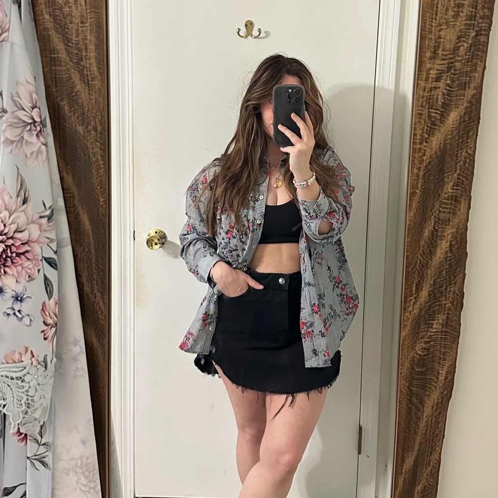 ZARA Striped Oversized Button Down Floral Accent